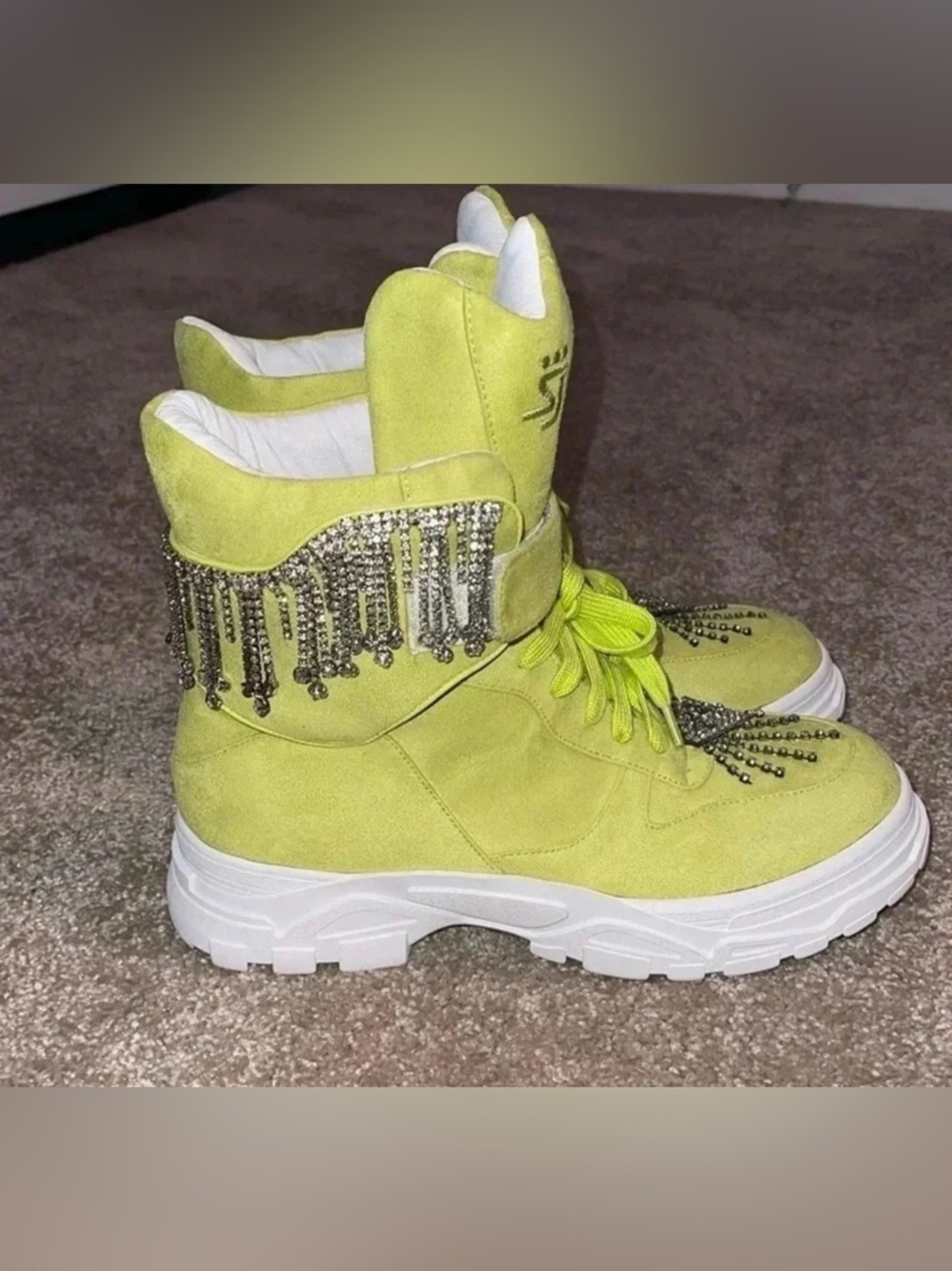Shane Justin High Top Rhinestone Platform Sneakers - Lime Green - Size 38